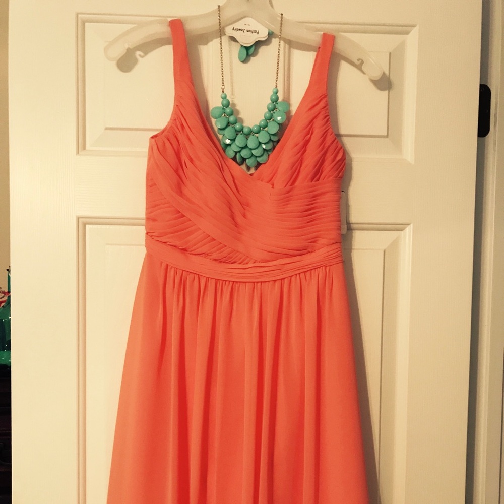 Coral David’s Bridal Bridesmaids Dress